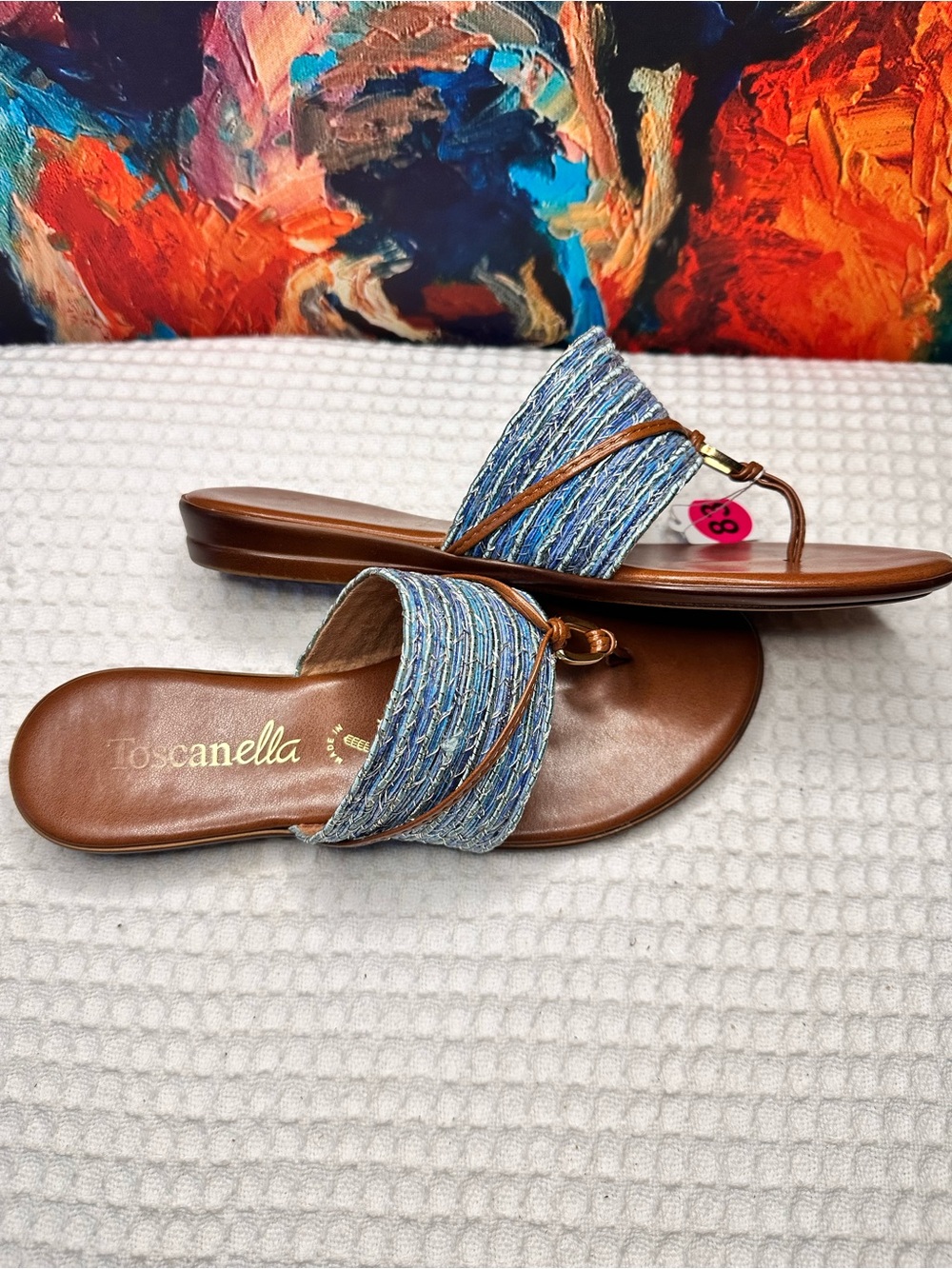 No.83 Toscanella Made in Italy Blue Raffia Thong Sandals - Picture 2 of 5